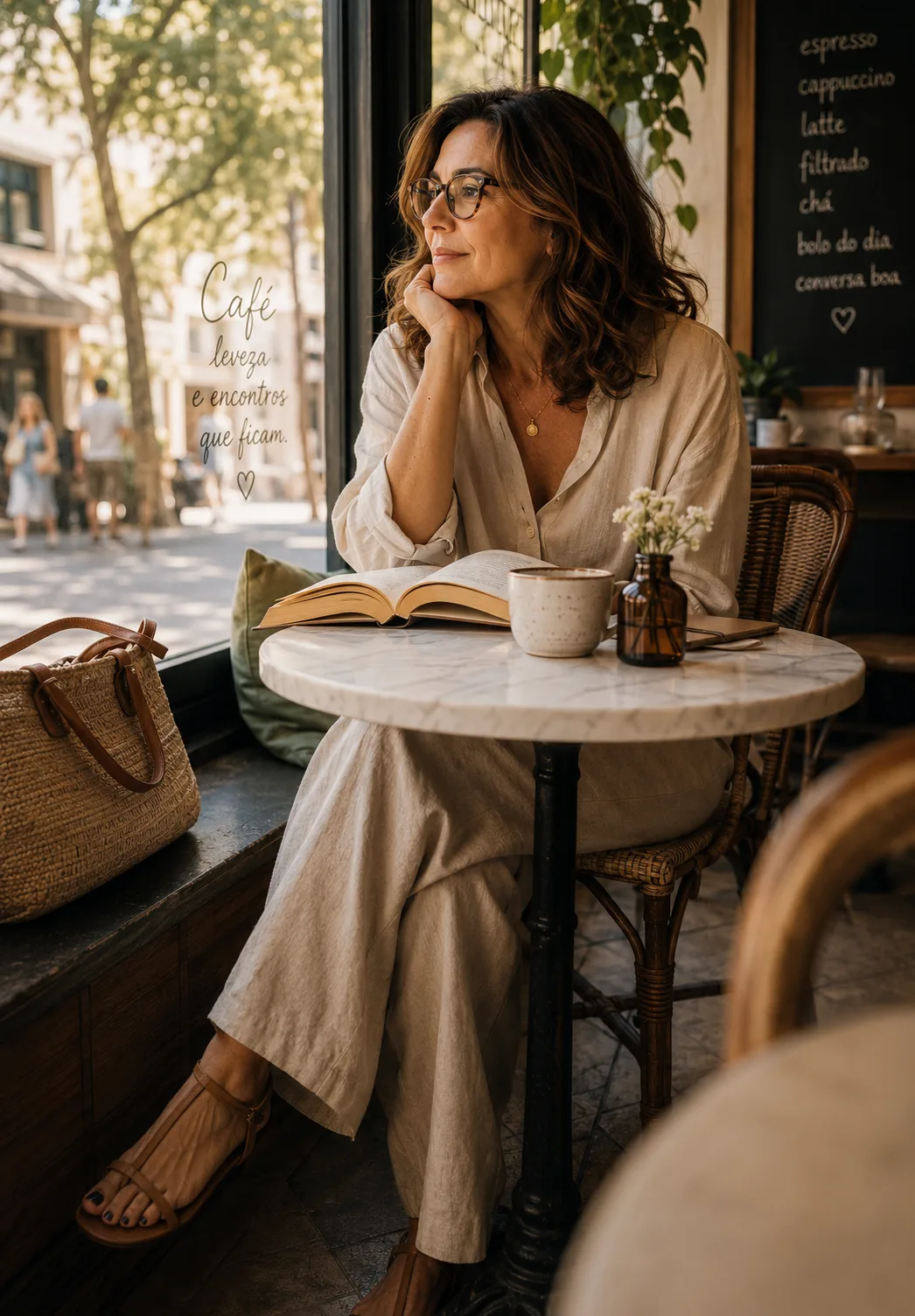 Helena em um café com um livro