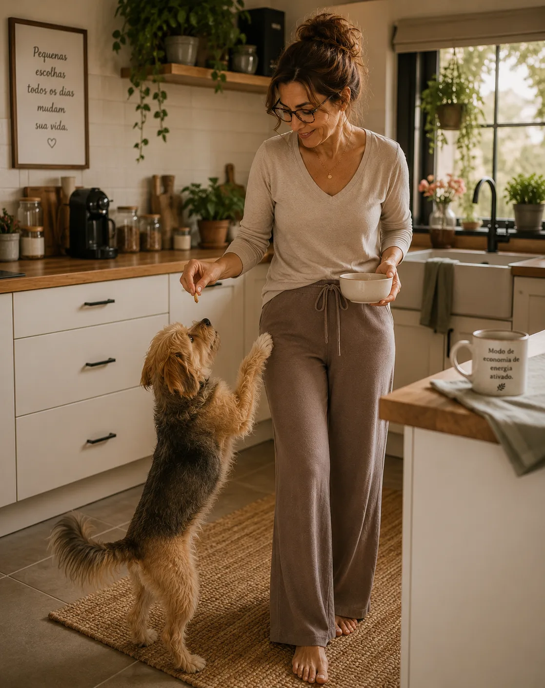 Helena em casa com seu cachorro