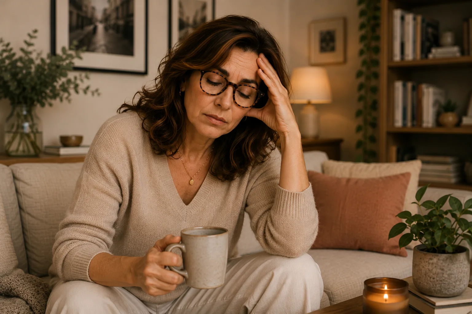 Helena no sofá, com a mão na testa e uma caneca na mão