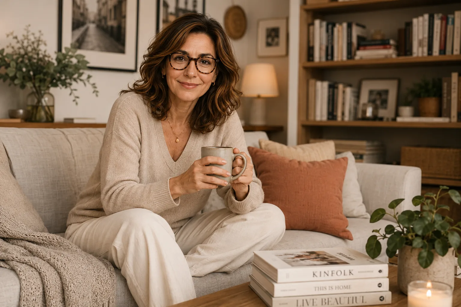 Helena sentada no sofá com uma caneca, em ambiente acolhedor