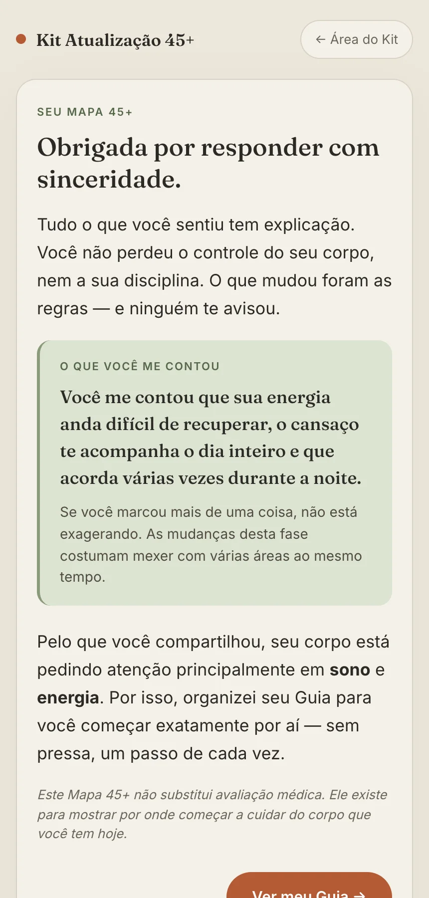Tela real do Mapa 45+: a frase-espelho e as áreas que pedem atenção