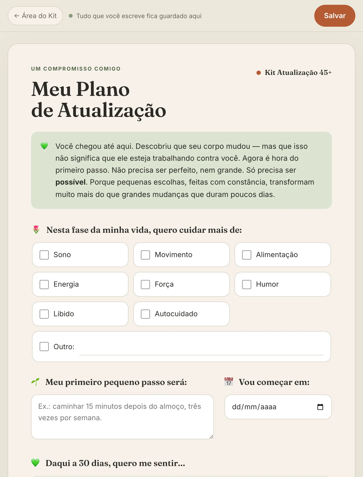 Tela real do Meu Plano de Atualização, com os campos para preencher